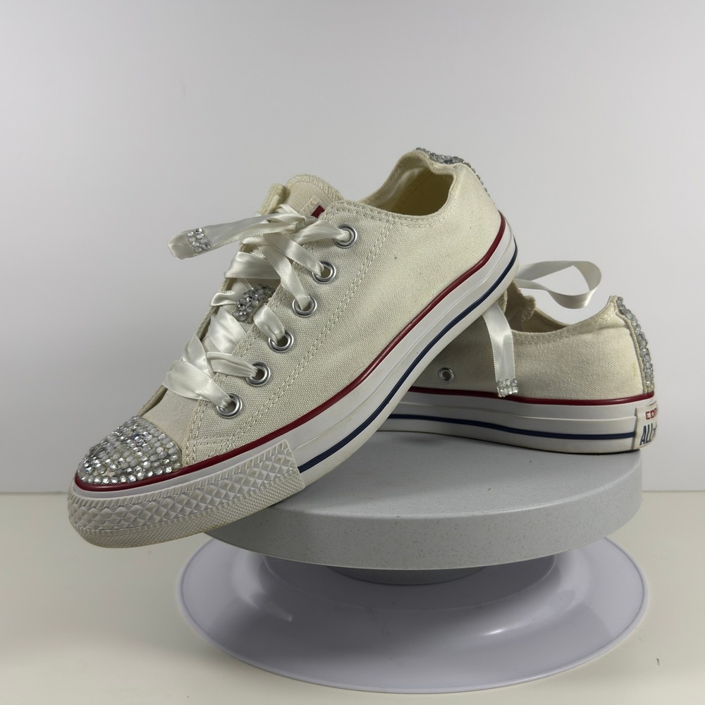 Converse All Star Women 8 Sneakers Rhinestone Toe Satin Lace Cream Low Top‎